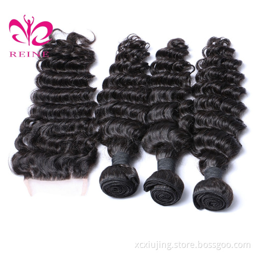 REINE Wholesale Human No Tangle No Shedding Malaysian Deep Wave Hair Bundles With Closure Remy Hair